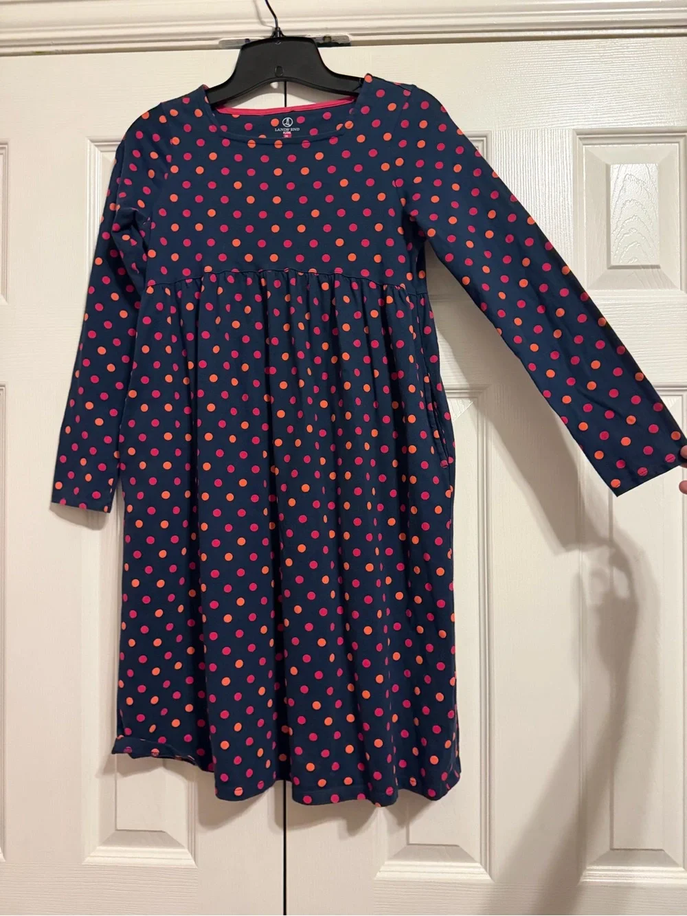 Land’s End Navy Long-Sleeve Dress with Pink and Coral Polka Dots and Pockets